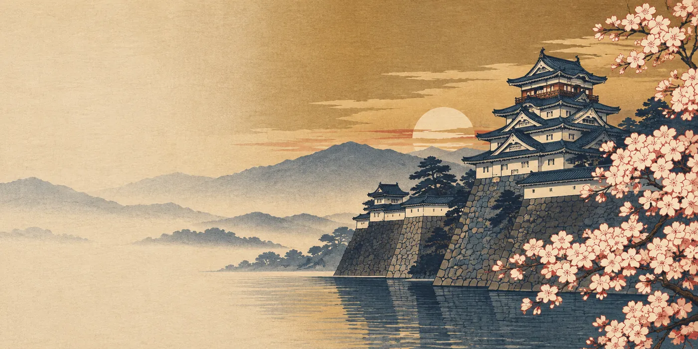 Woodblock-style picture of a Japanese castle on high stone walls above a moat at sunrise, with mountains in the mist and cherry blossoms