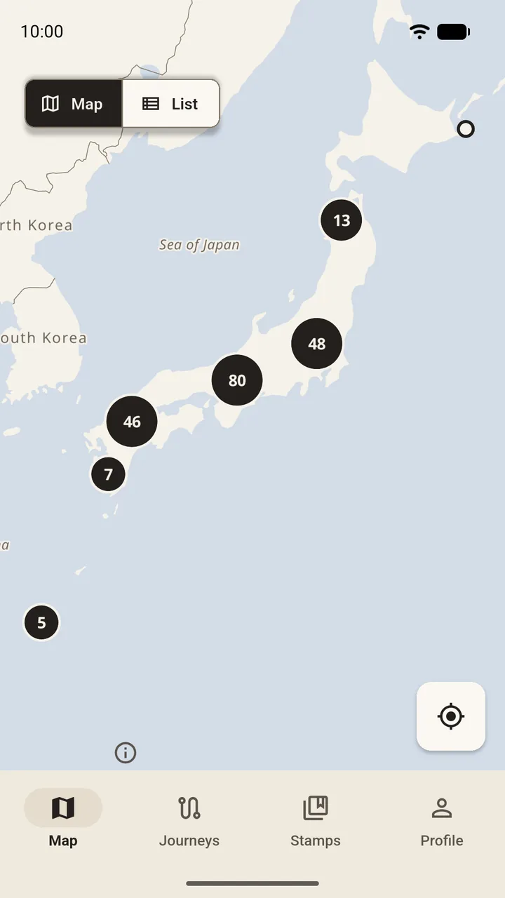 The map of Japan in Oshiro with groups of castles from Hokkaido to Kyushu
