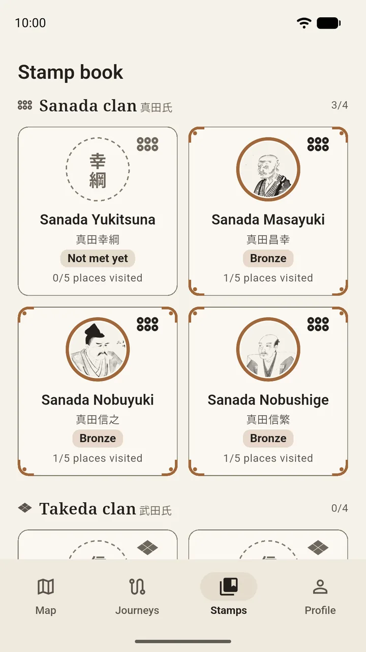 Character cards of the Sanada clan in the stamp book, with historical portraits and their bronze tier