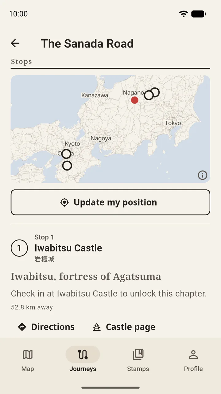 The Sanada Road story route: a map of its stops and the first chapter at Iwabitsu Castle