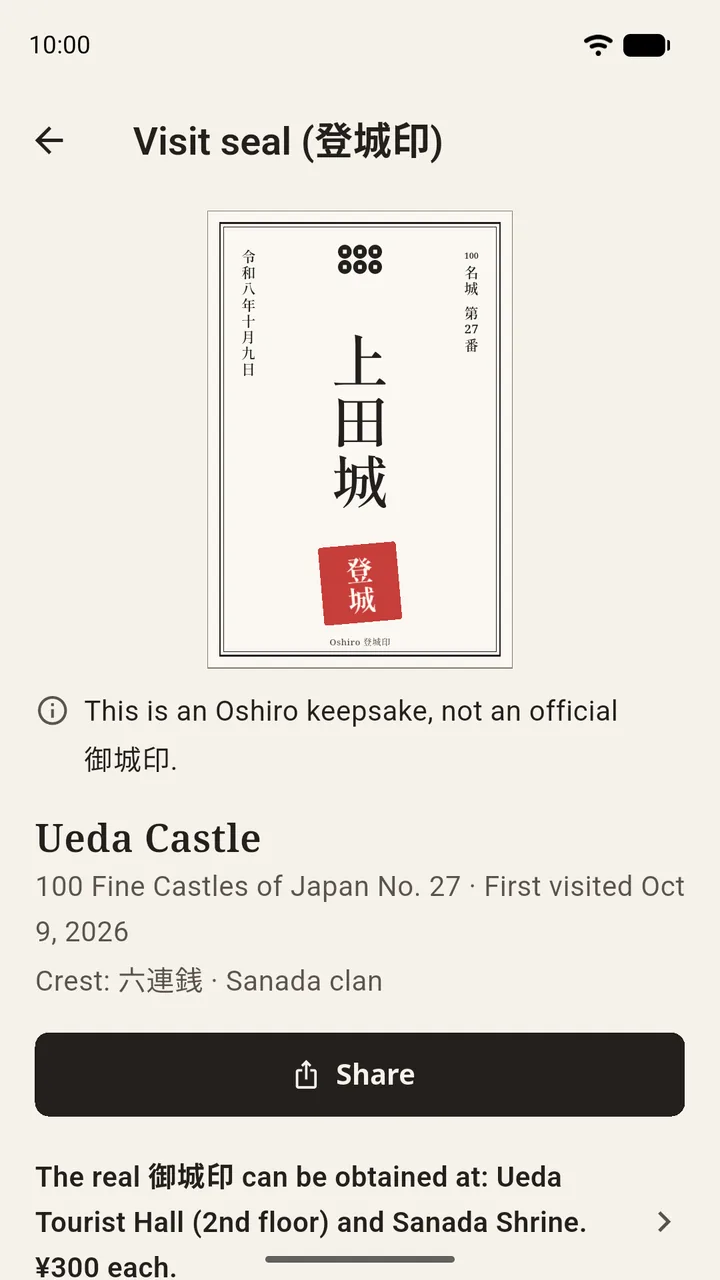 The 登城印 visit seal of Ueda Castle, written vertically with the date and the Sanada crest, and a Share button