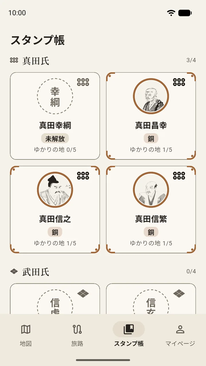 スタンプ帳の真田氏の人物カード。歴史上の肖像画と銅のランク