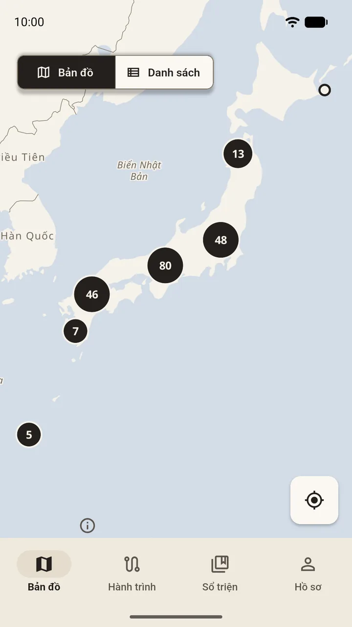 Bản đồ Nhật Bản trong Oshiro với các cụm thành từ Hokkaido đến Kyushu