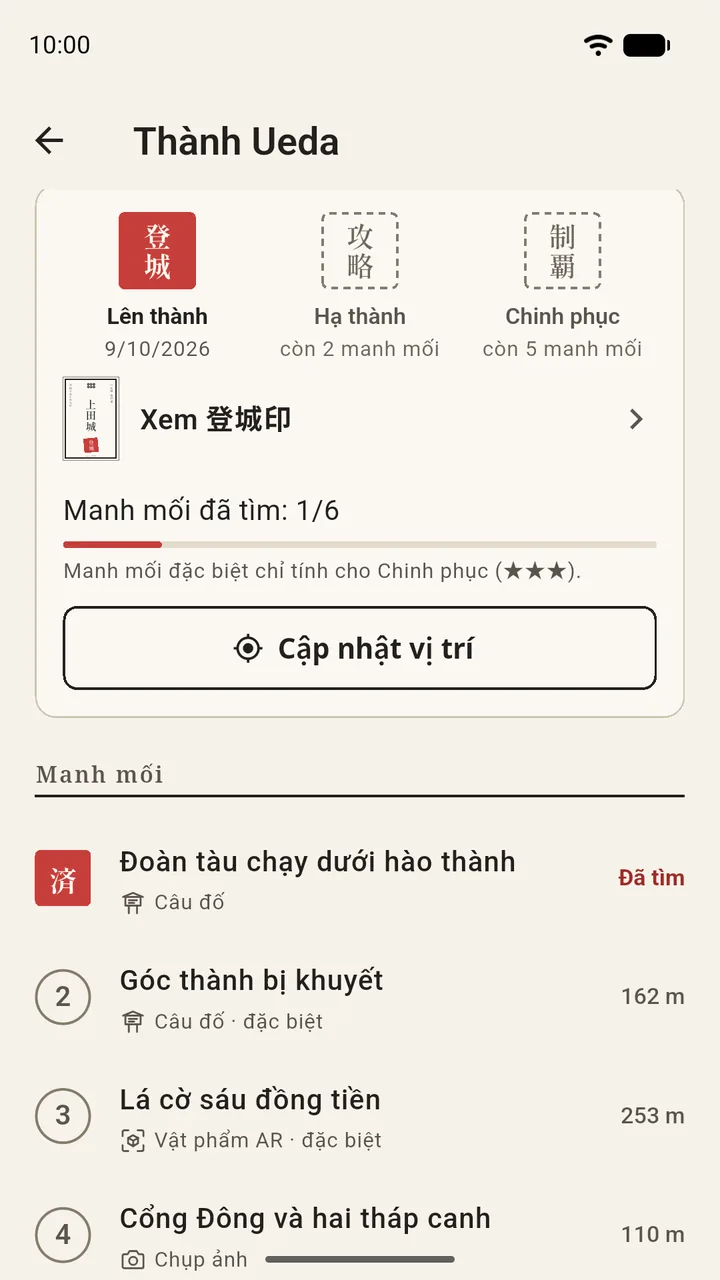 Danh sách manh mối của thành Ueda: một câu đố đã tìm được, các câu đố khác, một vật phẩm AR và một manh mối chụp ảnh, kèm khoảng cách
