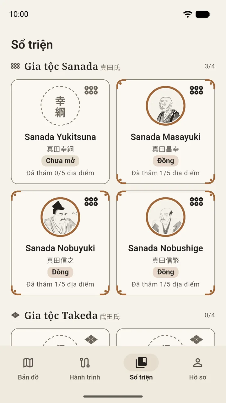 Thẻ nhân vật dòng họ Sanada trong sổ triện, với chân dung lịch sử và hạng Đồng